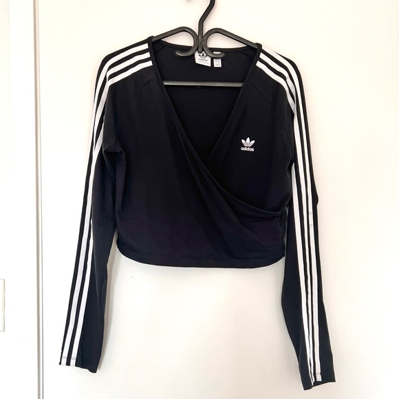 Adidas Originals Cotton Cropped Long Sleeve Faux Wrap Tee - Picture 4 of 5